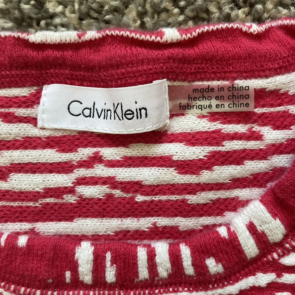 Calvin Klein Terry Pullover Sweatshirt Women Medium Fuchsia White Stripe Lng Slv - Picture 3 of 8